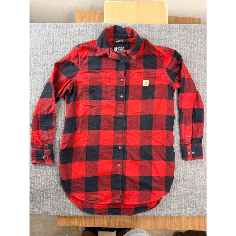 Carhartt Boys L 12-14 Flannel Shirt Red Black Buffalo Plaid Rugged Flex Shacket